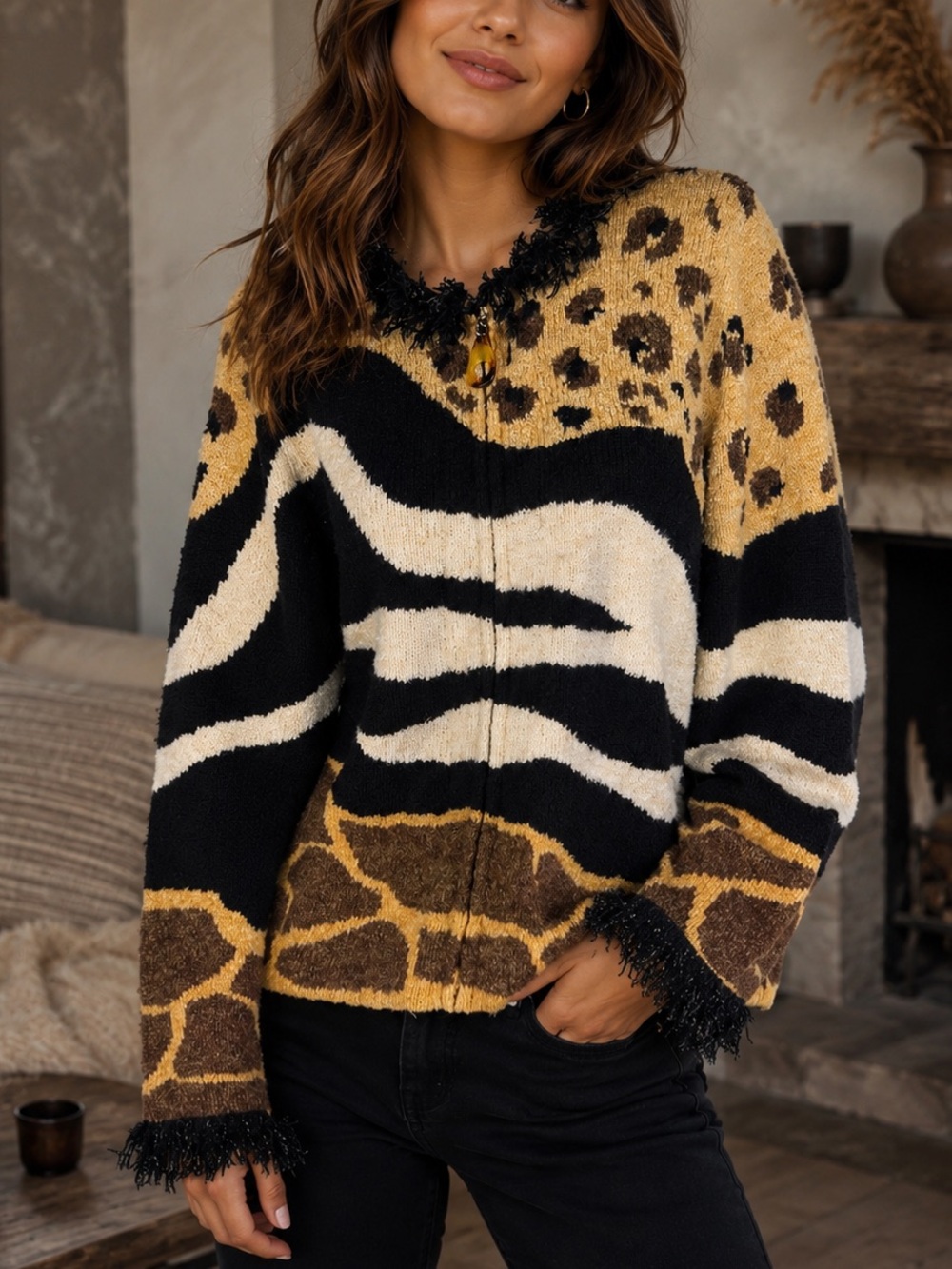 Vintage Design Options Zebra Giraffe Animal Print Fringe Cardigan Sweater Sz S